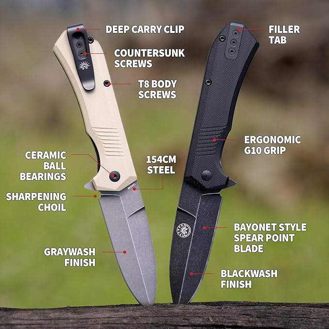 Off-Grid Knives - Stinger EDC Folding Knife with Spear Point Blade, Crucible 154CM Steel, G10 Scales, Deep Carry Clip, Everyday Carry (Coyote Spear Point)