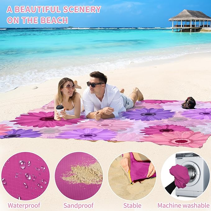 BYDOLL Beach Blanket Sandproof Waterproof 78''×110'' 1-7 Adults Compact Lightweight Oversized Beach Blanket Large Picnic Mat Beach Blanket for Travel Camping Hiking Picnic