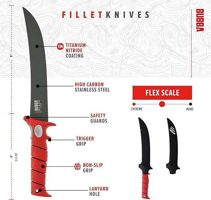 BUBBA 9 Inch Flex Fillet Knife with Non-Slip Grip Handle, Full Tang Stainless Steel Titanium Bonded Blade, Lanyard Hole and Synthetic Sheath for Fishing