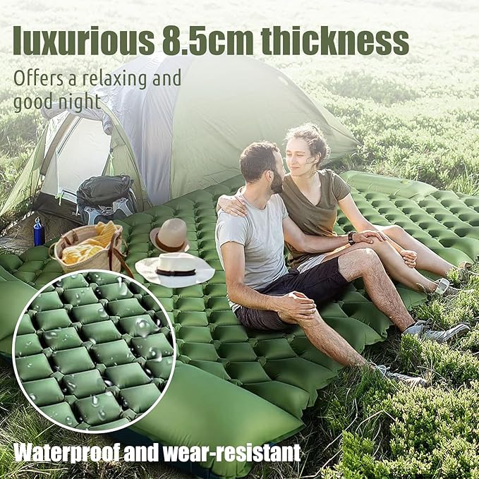 Double Sleeping Pad for Camping, Sleeping Mats for Camping Self Inflating Camping Pad 2 Person with Pillow Built-in Foot Pump Suitable for Backpacking, Portable Camping Mats 79 * 49.2 * 3.5 Inch