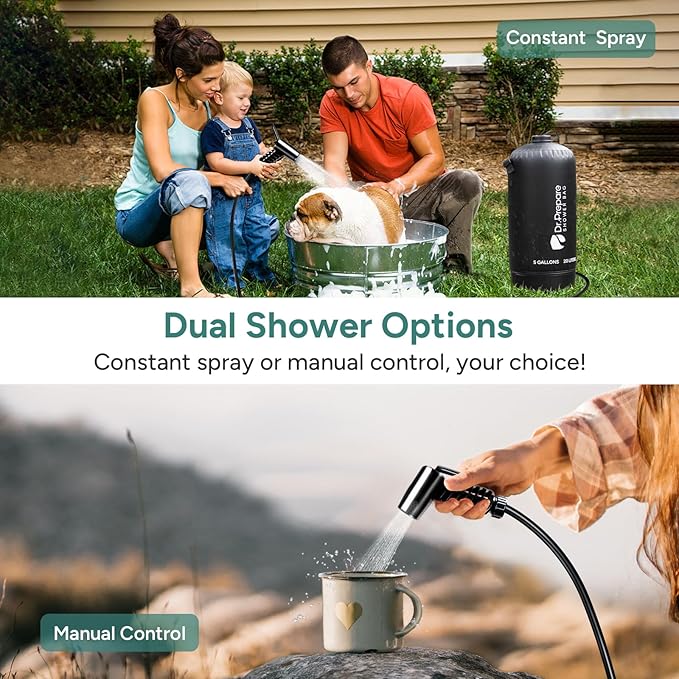 DR.PREPARE Camping Shower, 4 Gallons/5 Gallons Portable Camp Shower with Foot Pump, Dual Shower Options, Large Water Inlet, Portable Outdoor Shower for Camping, Beach, Hiking, Climbing