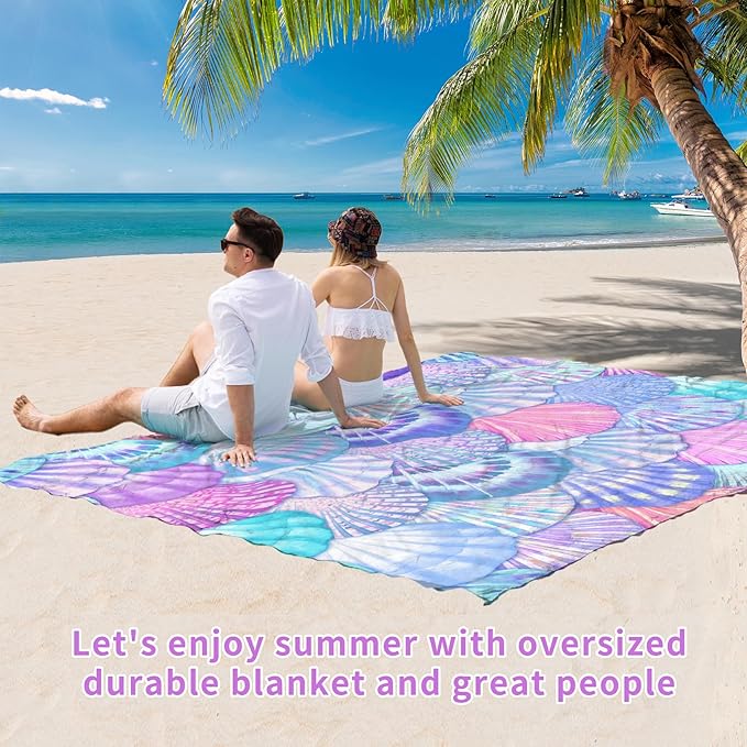 BYDOLL Beach Blanket Sea Shell Sandproof Waterproof 78''×81''1-4 Adults Compact Lightweight Oversized Beach Blanket Large Picnic Mat Blanket for Travel Camping Hiking Picnic