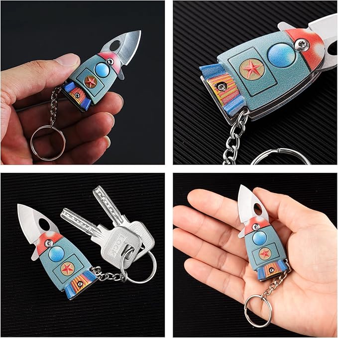 Rocket Shaped EDC Knife, Cool Key Chain Knife, Pocket Knife with Stainless Steel Blade, Suitable for Wilderness Survival, Collection, Daily Use and Outdoor Travel (Colorful)