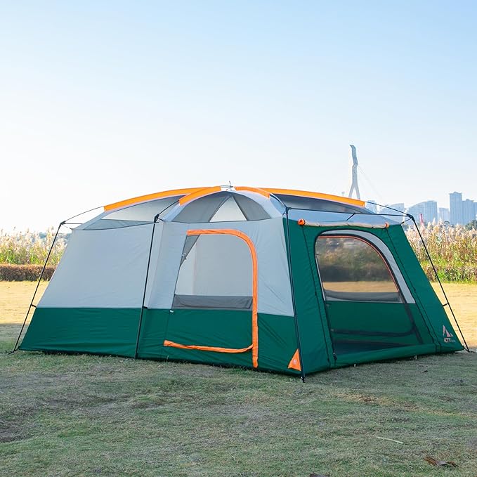 KTT Extra Large Tent 10-12-14 Person(A),Family Cabin Tents,2 Rooms,3 Doors and 3 Windows with Mesh,Straight Wall,Waterproof,Double Layer,Big Tent for Outdoor,Picnic,Camping,Family Gathering