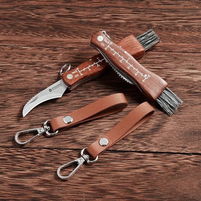 Professional Folding Mushroom Knife with Brush + Removable Leather Strap Wood Handle Foraging Knife for Fungus Truffles Handy Pocket Knife (Small)