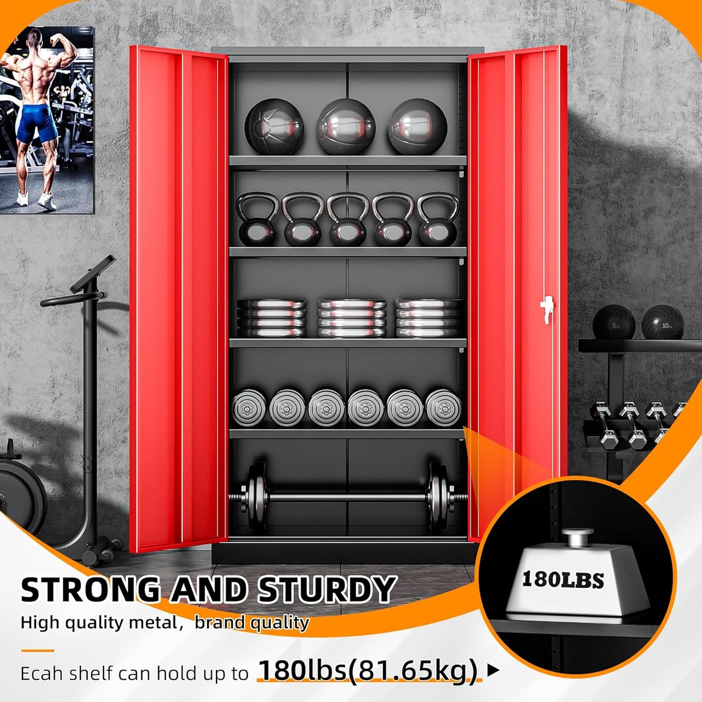 INTERGREAT Storage Cabinet, 72” Steel Locking Closet with Doors and 4 Adjustable Shelves, Tool Unit for Home Office, Garage & Tall Lockable File Cabinet, Black Red.