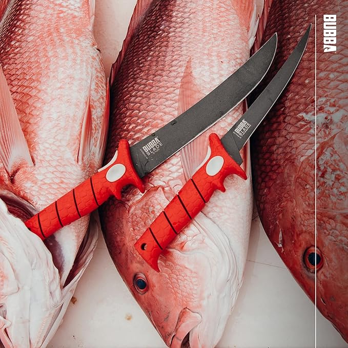 BUBBA 9 Inch Flex Fillet Knife with Non-Slip Grip Handle, Full Tang Stainless Steel Titanium Bonded Blade, Lanyard Hole and Synthetic Sheath for Fishing