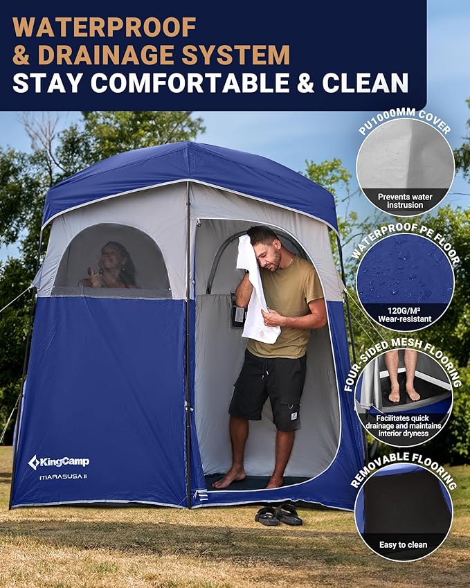 KingCamp Camping Shower Tent, Portable Outdoor Privacy Toilet & Changing Tent Windproof & Waterproof Easy Setup 1 or 2 Room Shelter with Shower Bag for Camping Hiking Beach