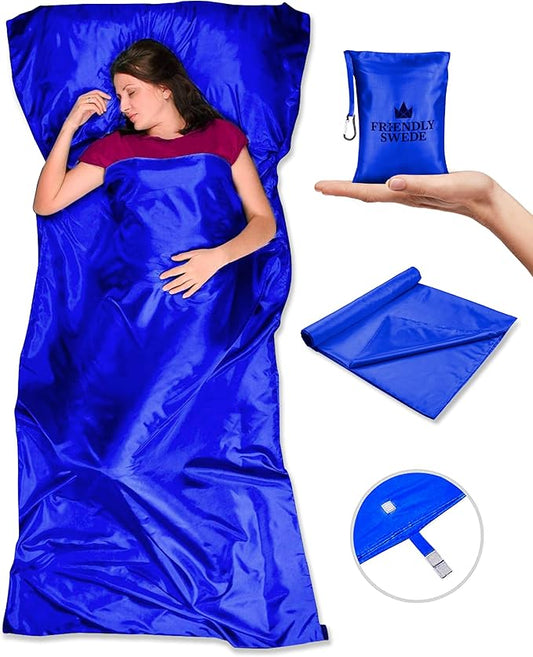 The Friendly Swede Sleeping Bag Liner Ultralight - Thin Travel Sheets for Hotel; Silky Feel Camping Sheets & Adult Sleep Sack for Backpacking and Hiking; Travel Sleeping Bag - Blue (Velcro)