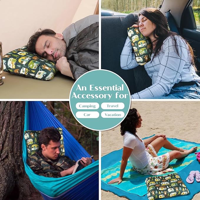 Inflatable Camping Pillow, Patterned Travel Backpacking Pillow, Lightweight & Portable Hiking Beach Pillow, Travel Camping Essential Accessories for Adult & Kids