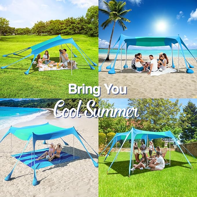 Rhino Valley Beach Tent Sun Shelter, Beach Canopy Tent Sun Shade UPF50+ Protection with 8 Sandbags 4 Stability Poles, Outdoor Beach Shade Canopy for Beach, Camping, Fishing