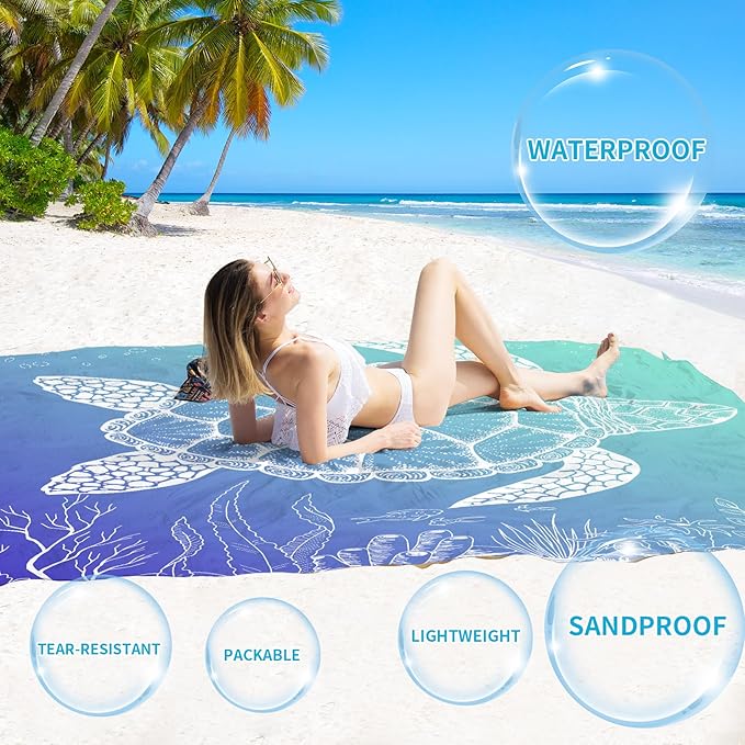 BYDOLL Beach Blanket Sea Turtle Sandproof Waterproof 78''×81'' 1-4 Adults Compact Lightweight Oversized Beach Blanket Large Picnic Mat Beach Blanket for Travel Camping