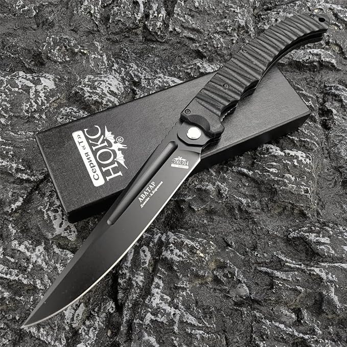 HUAAO 12 INCH Russian Avatar Folding Knife for Men,D2 Blade Black G10 Handles Tactical Survival Gear Saber Knives,Safety Liner Lock,Flipper Assisted Outdoor Camping Tool (Black blade)