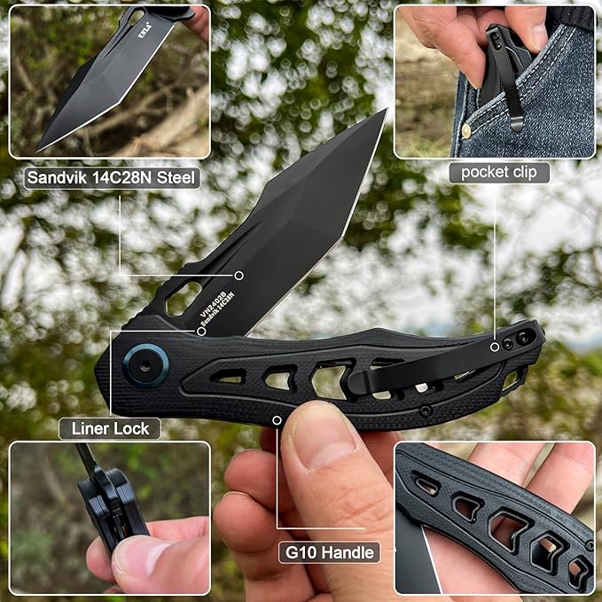 Folding Pocket Knife,3.7" Sandvik 14C28N Steel Tanto Point Blade,G10 Handle,with Clip,EDC Knife, Gifts Pocket Knife for Men Women. (Black PVD Surface)