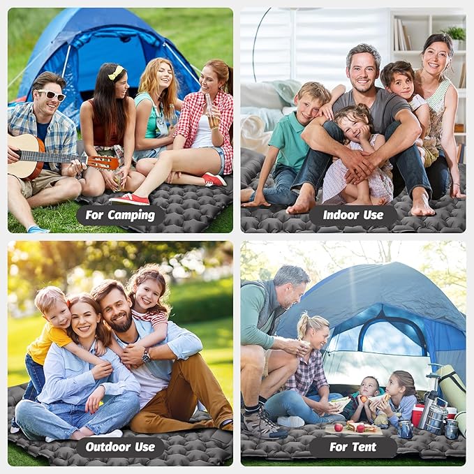 LAMA Double Sleeping Pad for Camping, 2 Persons Self Inflating Camping Mat for Sleeping, Ultralight Sleeping Mat with Pillow Built-in Pump, Ultra-Thick Air Mattress for Backpacking, Hiking, Grey