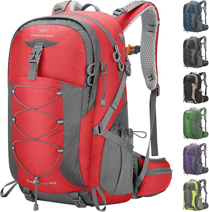 Maelstrom Hiking Backpack,Camping Backpack,40L Waterproof Hiking Daypack with Rain Cover,Lightweight Travel Backpack,Red