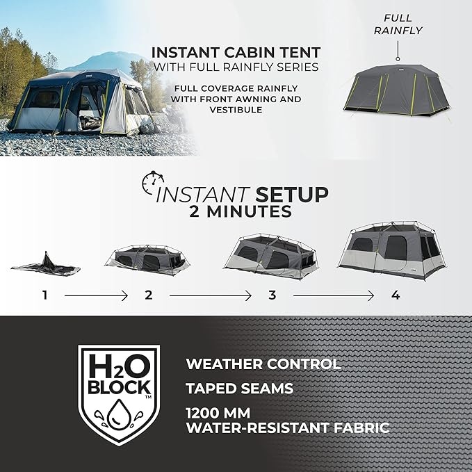 CORE Instant Cabin Tents | 6 Person / 9 Person / 10 Person / 12 Person Family Cabin Multi Room Pop Up Tents Car Camping | Included Storage Pockets for Camping Accessories