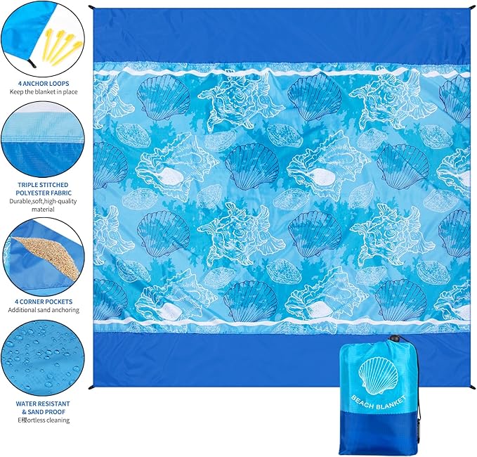 Beach Blanket, Sandproof Beach Mat, Waterproof Quick Drying Lightweight Outdoor Picnic Mat 120"x108" for 2-8 Adults with Pocket for Travel, Camping, Hiking