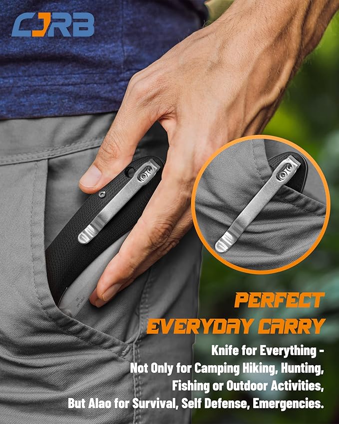 CJRB Folding Knife Feldspar Pocket Folding Knife Stonewash D2 Steel Blade G10 Tactical Handle EDC Knife,Black Handle (J1912)