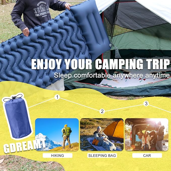Camping Sleeping Pad, Inflatable Sleeping Mat with Pillow Built-in Foot Pump, Super Comfort Camping Mattress for Backpacking Hiking Traveling Tent, Compact & Lightweight