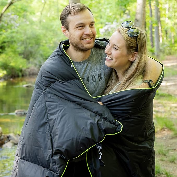Pelican Outdoor Woobie Camping Accessories - Blanket - Poncho Liner w/Carry Bag - [Water Resistant] [600 Duck Down Fill] - Light, Soft, Warm Travel Blanket - Camping Gifts for Hiking, Picnic - Black