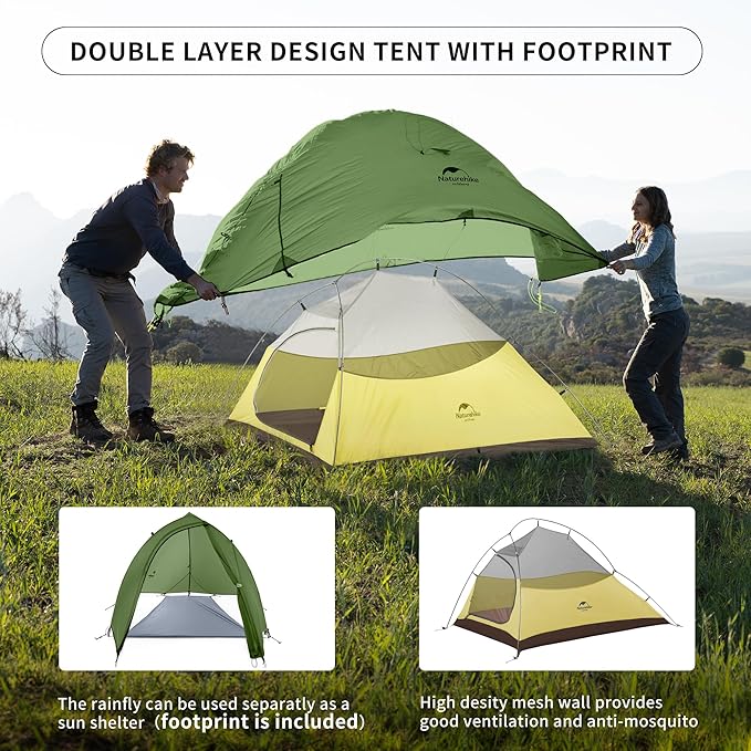 Naturehike Cloud-Up 2 Person Tent Lightweight Backpacking Tent with Footprint - Free Standing Ultralight Camping Hiking Backpack Tents Two Person Tent