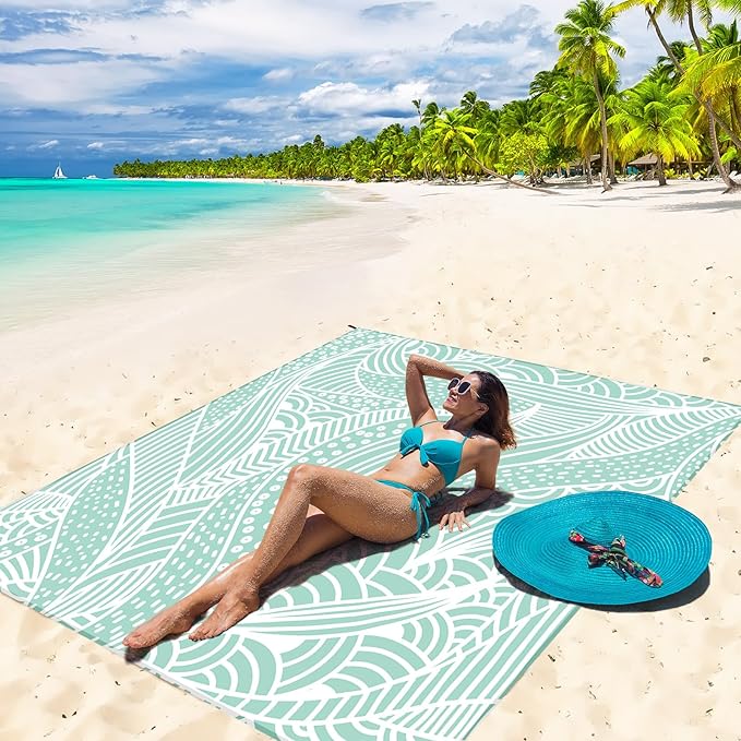 Beach Blanket Sandproof Extra Large Beach Mat Adults Waterproof Quick Drying Sand Free Mat Made by Premium Polyester with 4 Stakes & 4 Corner Pockets for Outdoor Travel Camping Hiking
