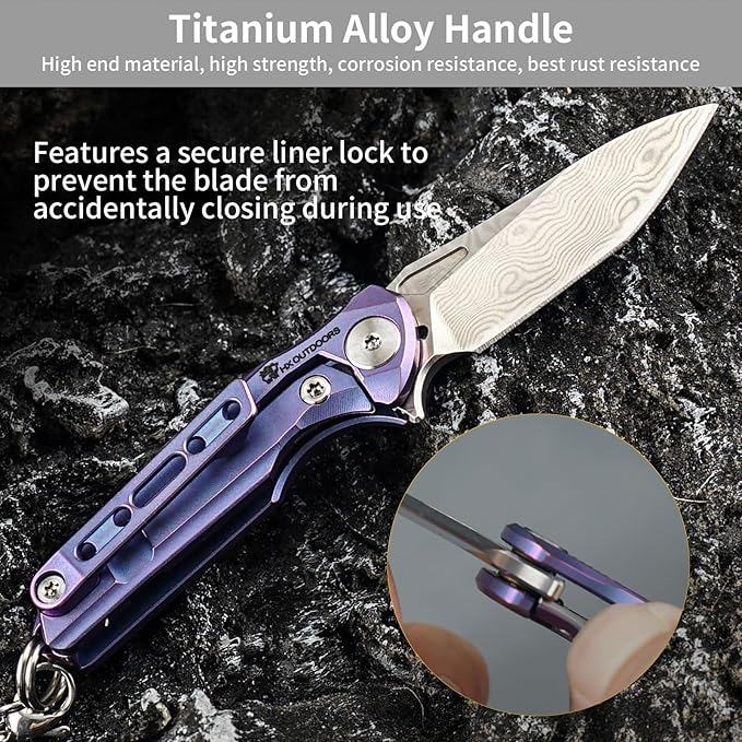 HX OUTDOORS Mini Pocket Knife, High End Damascus Steel Small Folding Knife with Non Slip Titanium Alloy Handle (Blue)