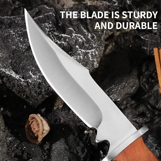 Compact fixed blade outdoor knife, 3.4 inch stainless steel fixed blade, with leather knife cover, brown wooden handle, suitable for EDC, outdoor, camping, hiking