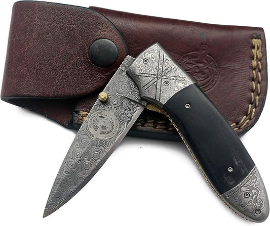 Handmade Damascus Folding Pocket Bowie Knife For EDC,Hunting,Survival,Camping,Fishing Skinning and Bushcraft with Full Tang Micarta Handel and Cowhide-Leather Sheath For Men and Women - DCF21-25