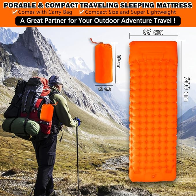 Self Inflating Sleeping Pad Camping Sleeping Mat, Built-in Foot-Pump & Pillow Inflatable Camping Mat Single Air Mattress Sleeping Pad for Camping Hiking Tent Travel Outdoor, Orange