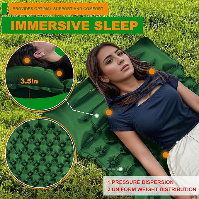 Sleeping Pad for Camping with Built in Pillow Self-Inflating Sleeping Mats with Built-in Foot Pump Ultralight Travel Air Mattress for Camping Backpacking Tent Hiking Green 1Pcs
