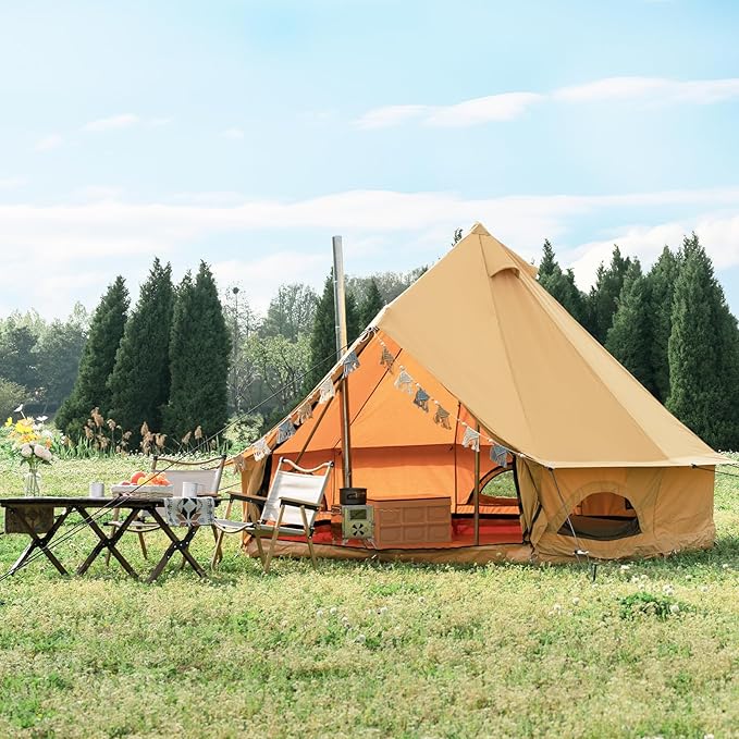 Cotton Canvas Bell Tent with Stove Jack, Roomy Yurt for Family Glamping Camping, 4 Season Tent with Zipped Removable Floor