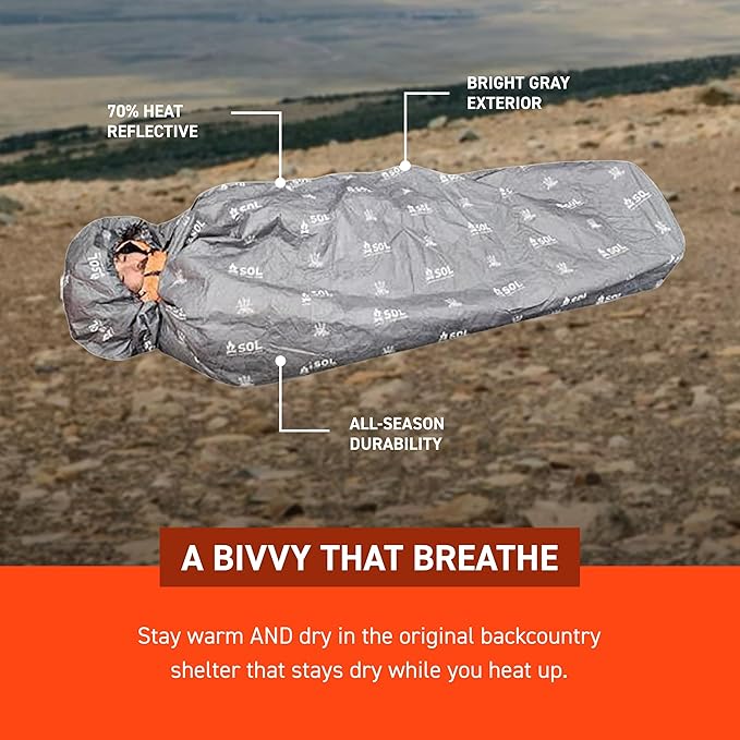 SOL Escape Bivvy with Hood - Emergency Preparedness Blanket - Reflects Up to 70% Body Heat - Outdoor Survival Bivvy - Water Resistant - Durable & Breathable - Winter Camping Supplies - XL, Gray