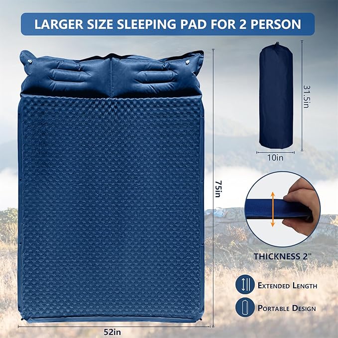 WILD FUN Double Sleeping Pad, 2in Memory Foam Camping Mattress 2 Person with Pillow, 5R Insulated Self Inflating Camping Pad, Air Mattress Inflatable Sleeping Mat for Backpacking,Hiking(Navy Blue)