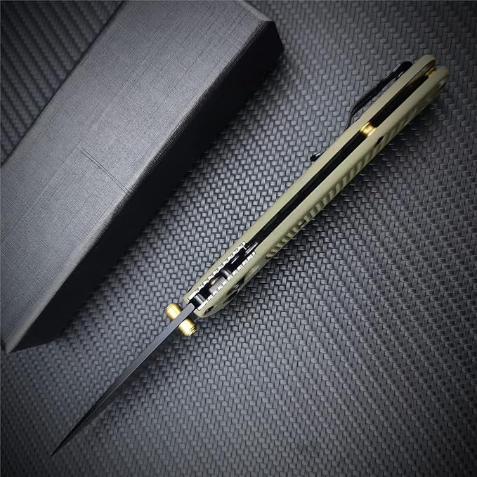 Axis Lock Knife EDC Folding Pocket Knives For Men, Coated Finish Blade, Green Grivory Fiberglass Super Lightweight Handle With Belt Clip, Everyday Carry Thumb Studs Manual Open