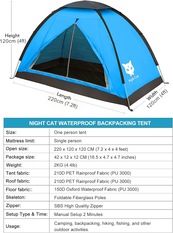 Night Cat Backpacking Tent for One 1 to 2 Persons Lightweight Waterproof Camping Hiking Tent for Adults Kids Scouts Easy Setup Single Layer 2.2x1.2m