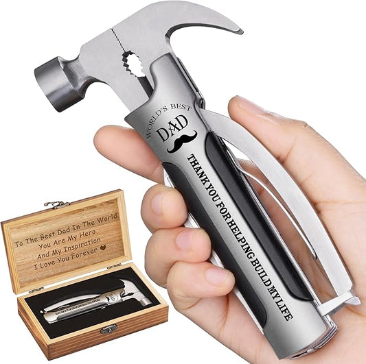 VEITORLD Gifts for Men Dad from Daughter Son Kids, Unique Birthday Gift Ideas for Dad Men, All in One Survival Tools Small Hammer Multitool with Engraved Wooden Box, Cool Camping Hunting Gadgets