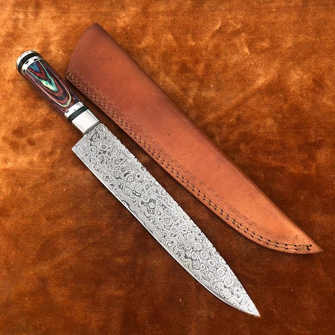 Custom Handmade Damascus 15" Rain Drop With Color Dollar Sheet Kitchen Knife With Leather Sheath