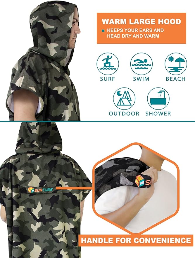 SUN CUBE Surf Poncho Changing Robe with Hood | Quick Dry Microfiber Wetsuit Changing Towel with Pocket for Surfing Men Women