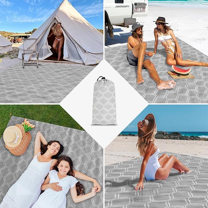 Waterproof Sandproof Beach Blanket, 78"×86" Large Beach Mat for 1-4 Adults, Foldable Lightweight Polyester Outdoor Picnic Blanket with 4 Stakes & 4 Corner Pockets for Travel, Camping, Hiking