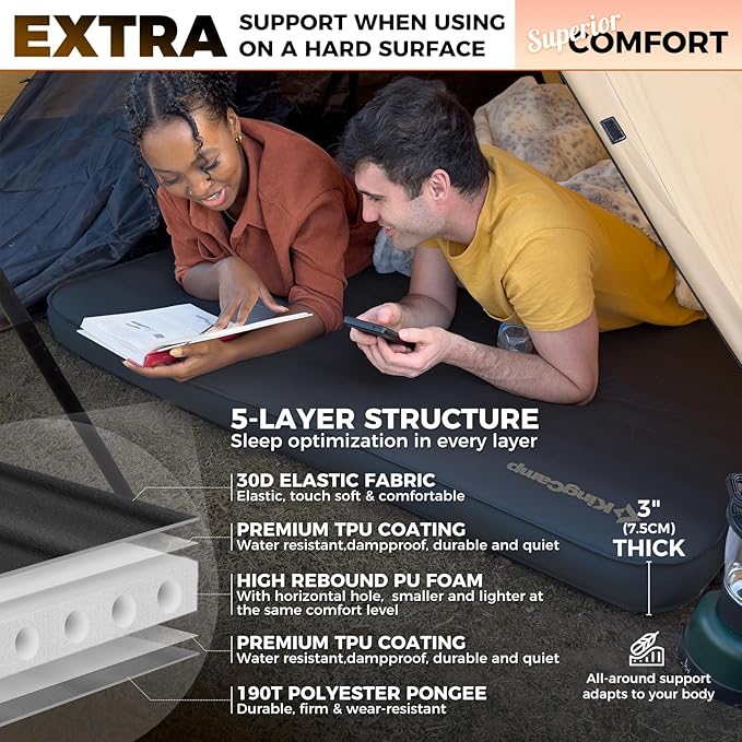 KingCamp Self Inflating Sleeping Pad for Camping Ultra Thick Double Single Foam Mattress High R Value Camping Air Pad Mat, Multi Colors & Sizes