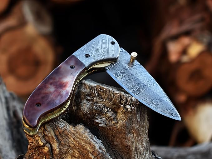 SHINY CRAFTS -Pocket Knife Damascus Hunting Knife OTF Knife Tactical Knife For Men- Pocket Knives - Everyday Carry - PlainEdge - Leather Sheath (FK 18)