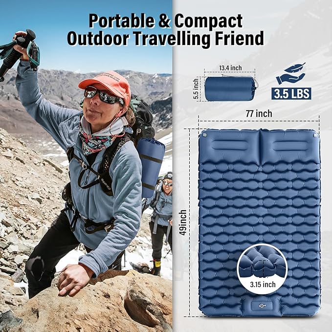 Double Sleeping Pad for Camping, Blue Inflatable Sleeping Mat with Pillow, Ultralight 2 Person Camping Pad with Built-in Foot Pump for Backpacking, Hiking, Tent, Portable Camping Mattress