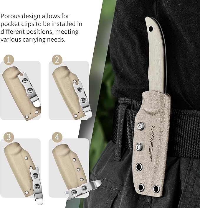 TONIFE Nova 2.68'' Blade Mini Neck Knife Knife Full Tang Fixed Blade Knife with Kydex Sheath and Adjustable Paracord Lanyard for Camping Outdoor Survival Tool (Warm Sand+Gray Titanium)