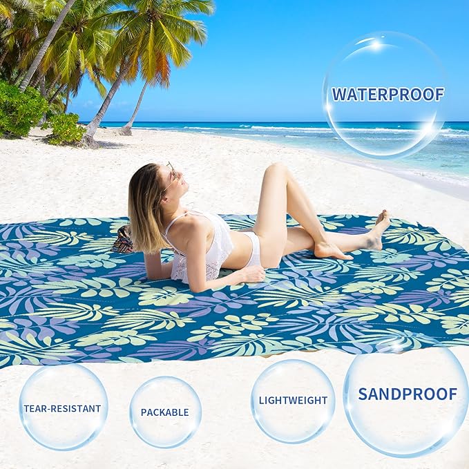 BYDOLL Beach Blanket Sandproof Waterproof Leaves 78''×81''1-4 Adults Compact Lightweight Oversized Beach Blanket Large Picnic Mat Blanket for Travel Camping Hiking Picnic