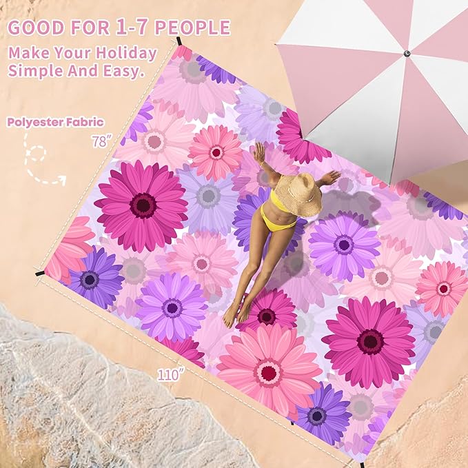 BYDOLL Beach Blanket Sandproof Waterproof 78''×110'' 1-7 Adults Compact Lightweight Oversized Beach Blanket Large Picnic Mat Beach Blanket for Travel Camping Hiking Picnic