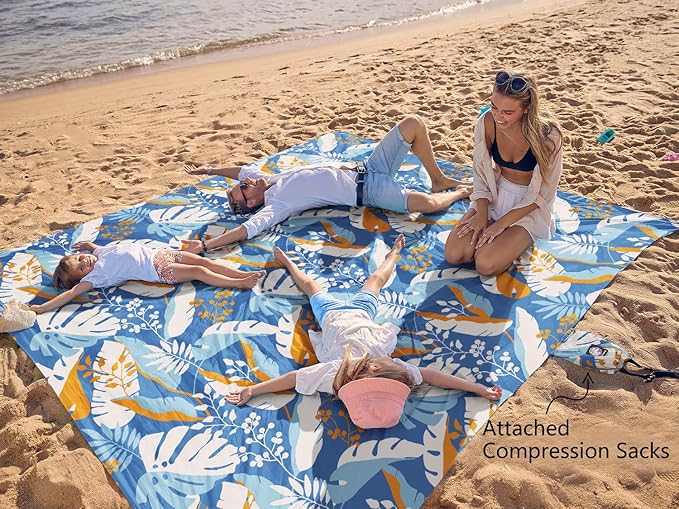 WEKAPO Beach Blanket Waterproof Sandproof Oversized, Extra Large Beach Mat Sand Free, Lightweight & Compact Sand Free Mat with 6 Stakes & 4 Corner Pockets
