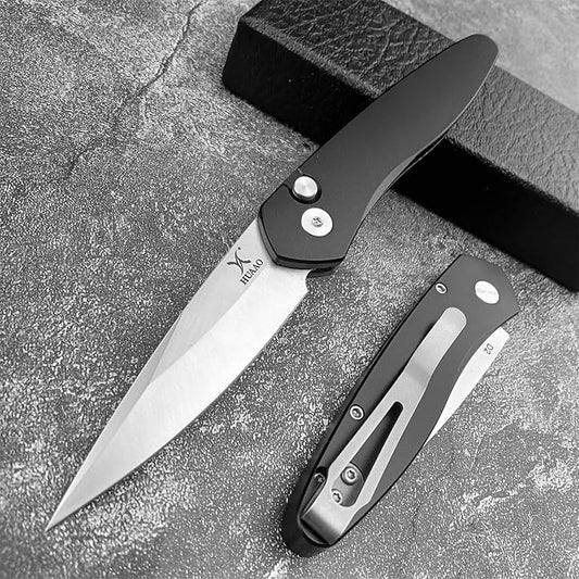 HUAAO 6.89 Inch Outdoor Folding Knife, D2 Clip Point Blade Black T6-6061 Aviation Aluminum Handle With Pocket Clip, Hunting Survival Everyday Carry Knives