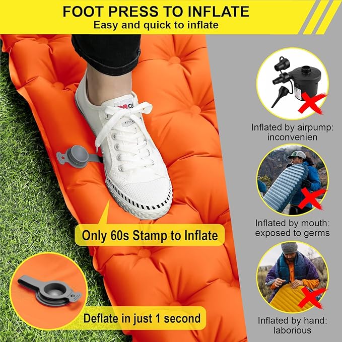 Double Sleeping Pad for Camping 4" Extra-Thick Camping Mat for 2 Person with Pillow Built-in Foot Pump, Ultralight Portable Inflatable Sleeping Mat for Backpacking Hiking Traveling(Orange)